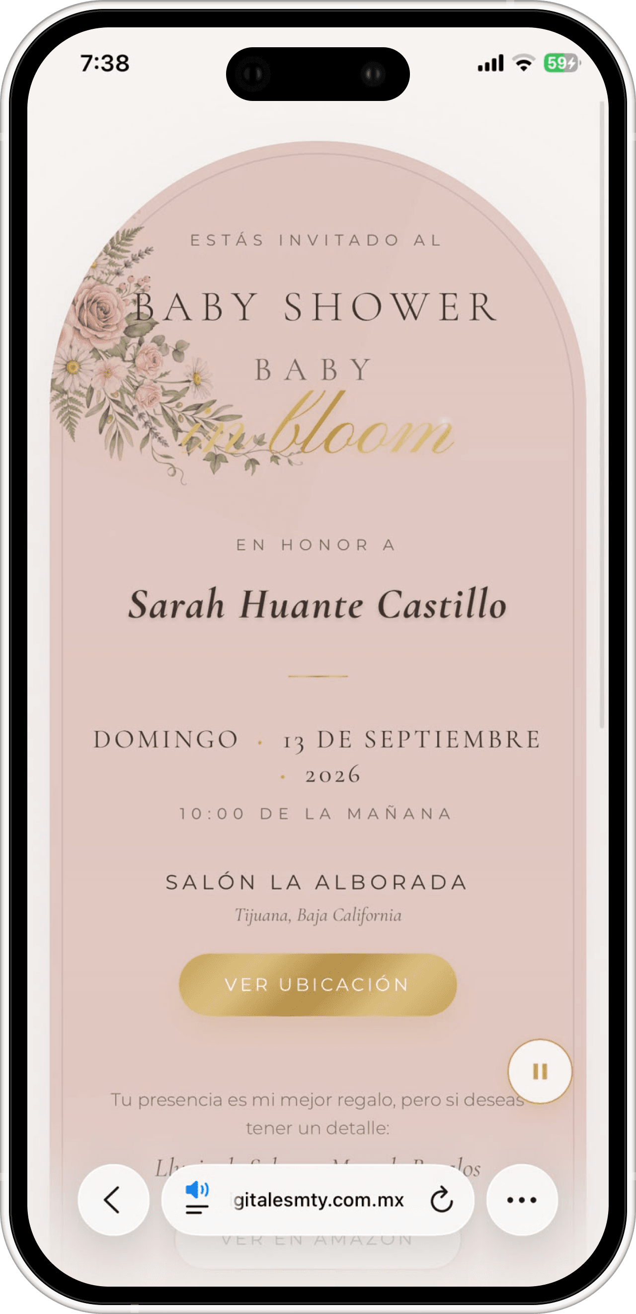 Invitación digital de Baby Shower en Monterrey — Sarah