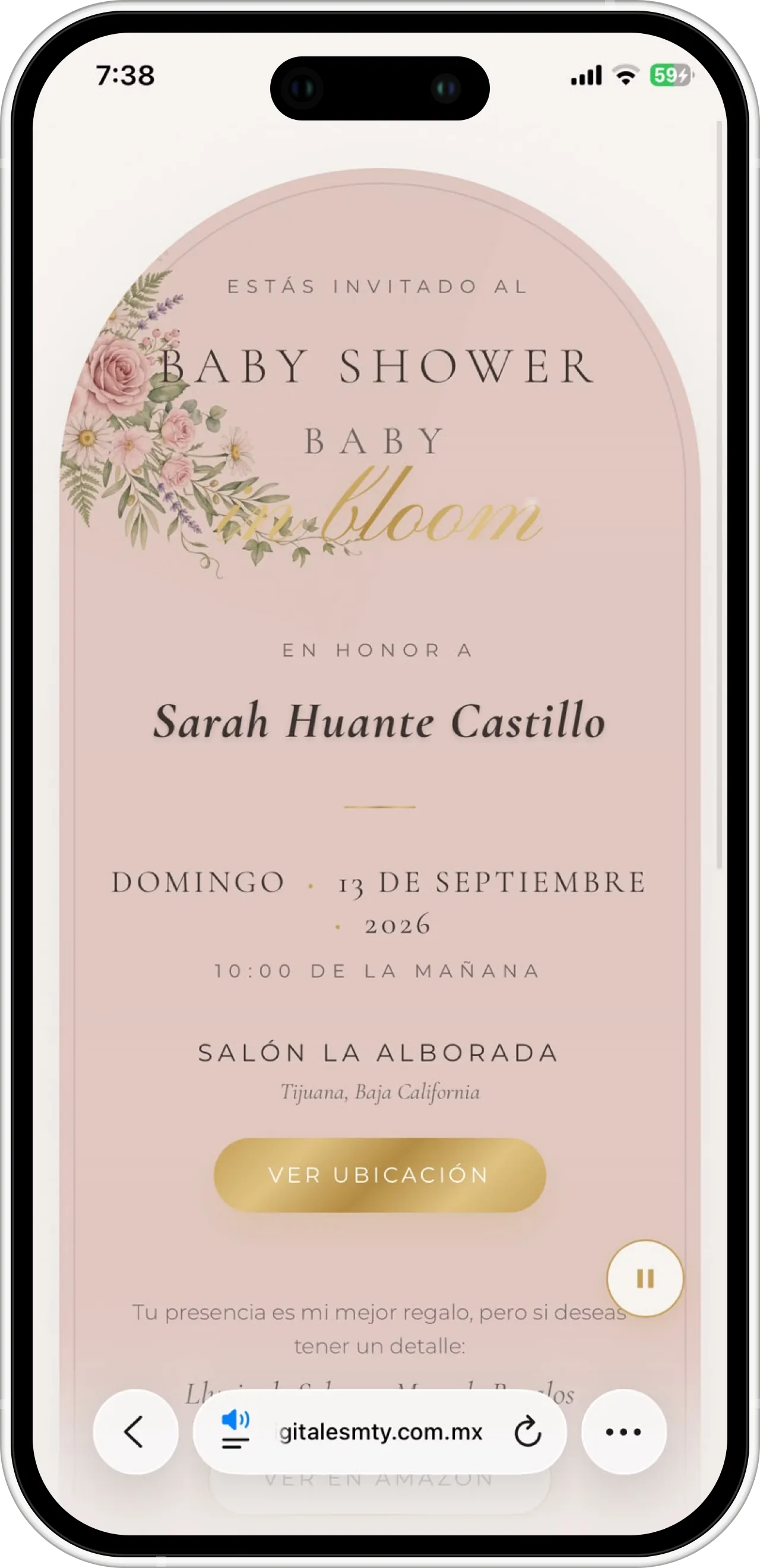 Invitación digital para baby shower de Sarah con diseño floral elegante y mesa de regalos integrada
