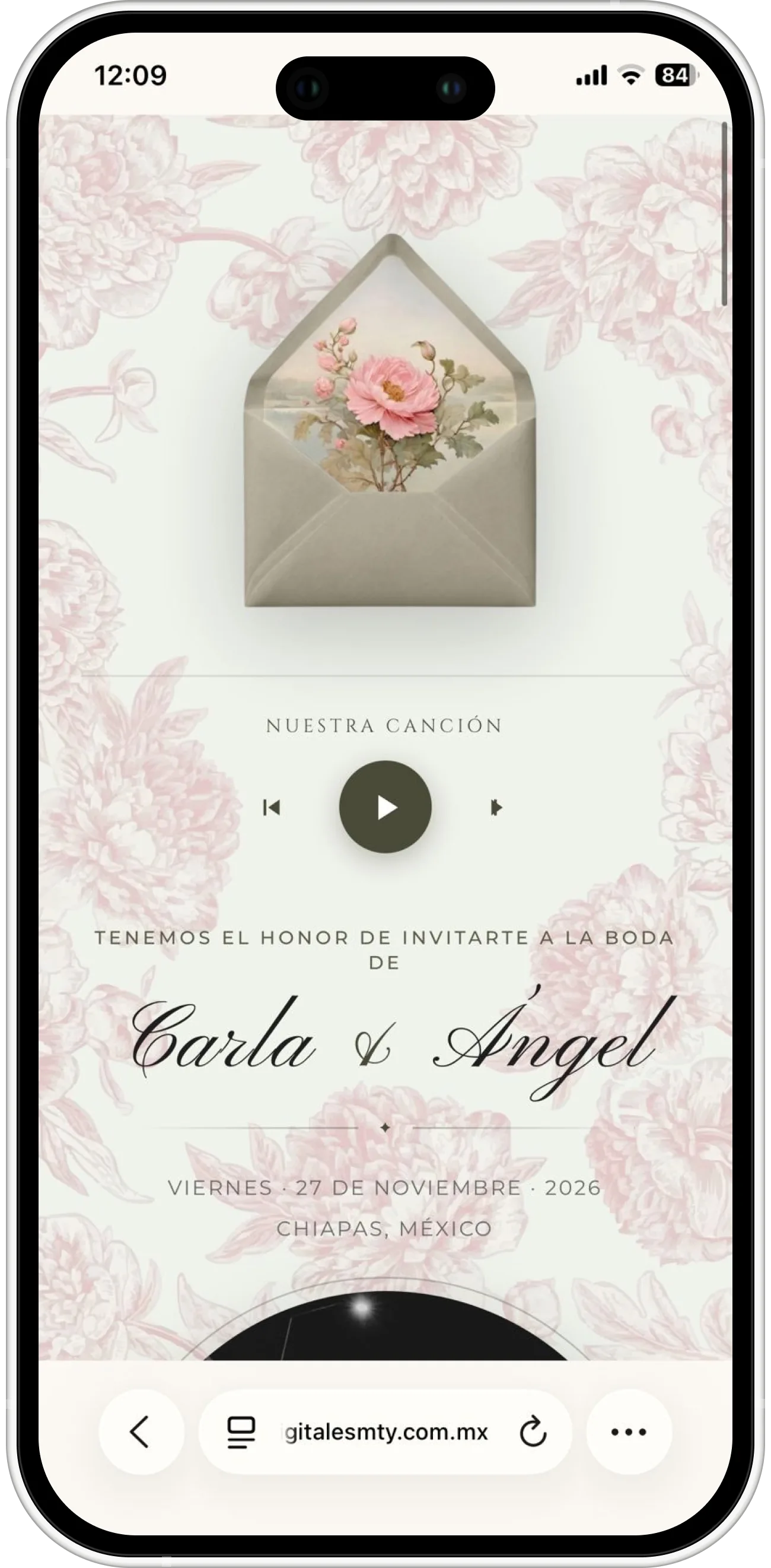 Invitación digital interactiva para boda de Carla y Ángel con diseño elegante, cuenta regresiva, confirmación RSVP y mapa GPS en Monterrey