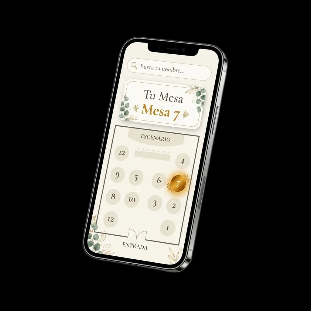 Plano interactivo del salón y buscador de mesas digital Encuentra tu Lugar en pantalla de celular para bodas y eventos
